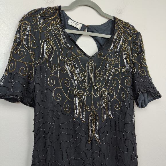 Vintage JMC Beaded Silk Dress Womens Medium Black Gold‎ Floral Embellished Shift - Picture 1 of 7